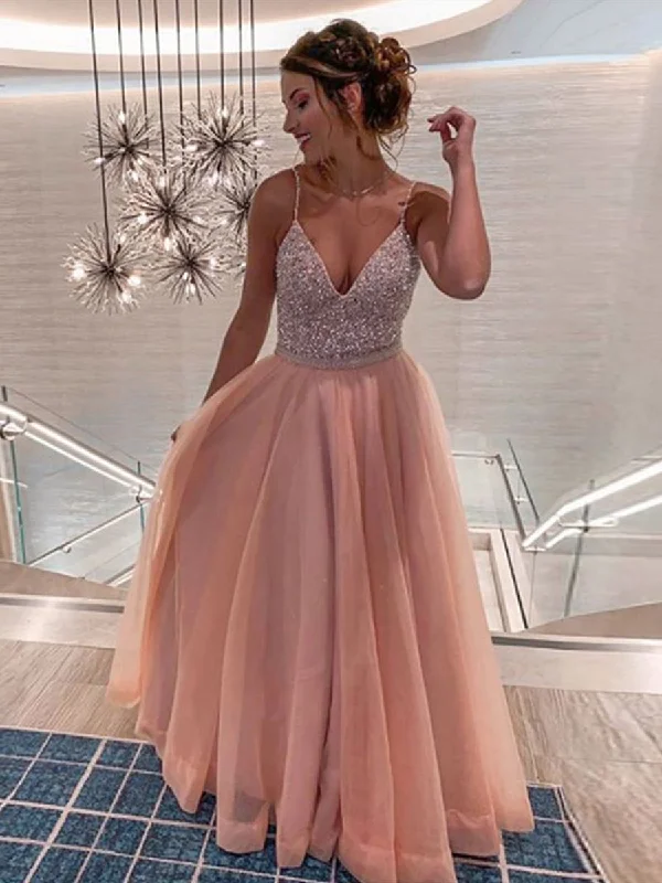 Limited Stock A Line V Neck Sequins Pink Long Prom Dresses with Straps, V Neck Pink Formal Graduation Evening Dresses Limited Stock A Line V Neck Sequins Pink Long Prom Dresses with Straps, V Neck Pink Formal Graduation Evening Dresses