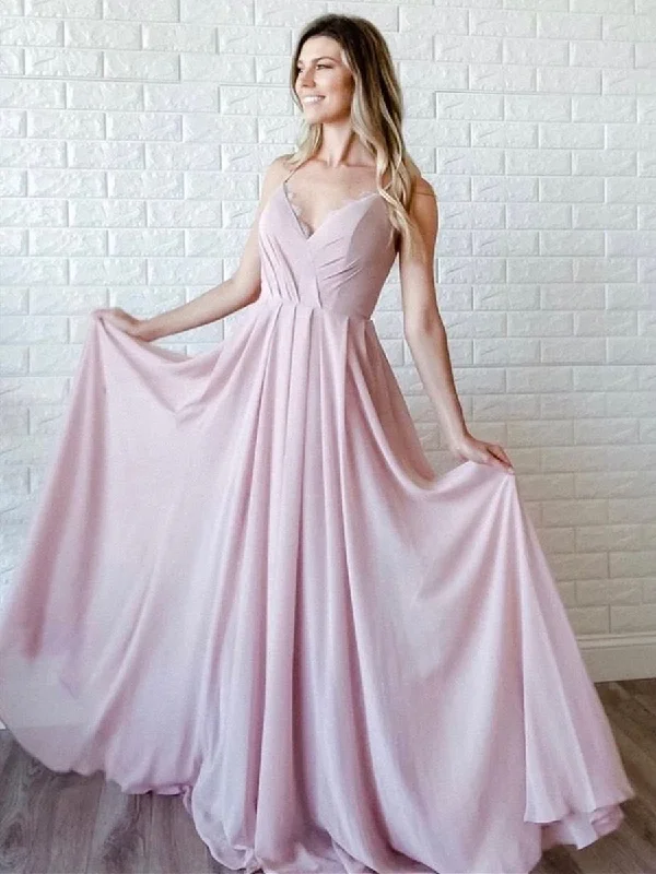 Exclusive Access Simple A Line V Neck Pink Long Prom Dresses, V Neck Pink Formal Graduation Evening Dresses, Pink Bridesmaid Dresses