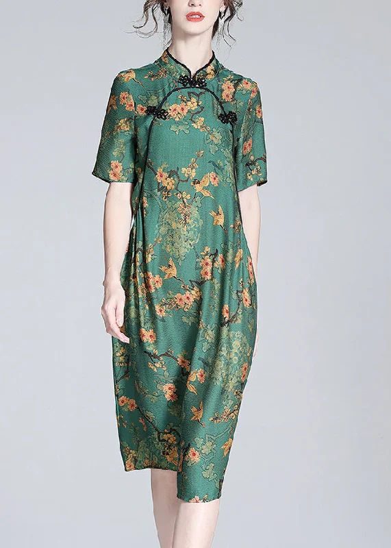 sleek midi dresssleek midi dressSexy Green Stand Collar Print Button Silk Maxi Dress Short Sleeve