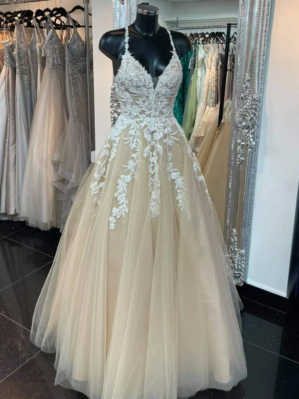 Deep Discounts V Neck Backless Champagne Lace Long Prom Dresses, Champagne Lace Formal Dresses, Champagne Evening Dresses SP2157