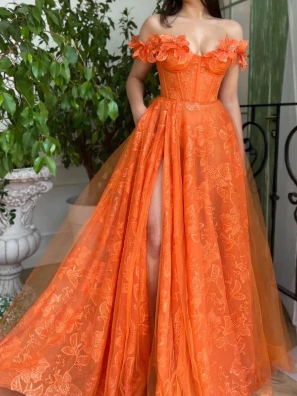 summer dresssummer dressOff Shoulder Orange Lace Long Prom Dresses with High Slit, Off the Shoulder Orange Formal Dresses, Orange Lace Evening Dresses SP2656