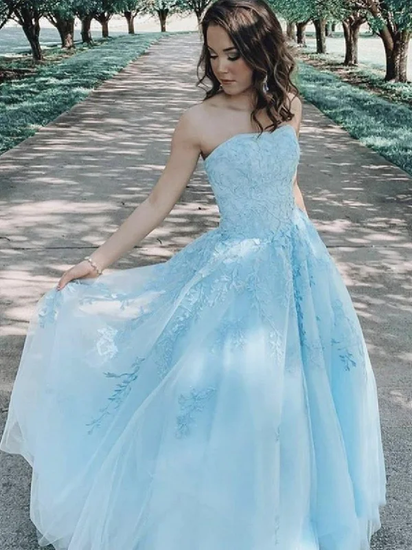 Daily Deals Light Blue A Line Strapless Lace Appliques Long Prom Dresses, Light Blue Lace Formal Dresses, Lace Blue Evening Dresses
