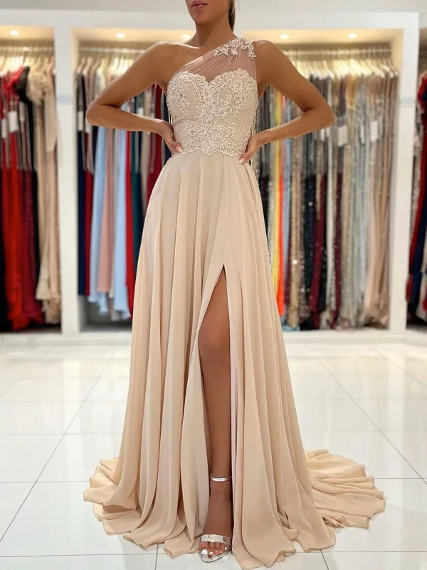 Final Clearance One Shoulder Champagne Lace Long Prom Dresses with Leg Slit, Champagne Lace Formal Graduation Evening Dresses SP2153