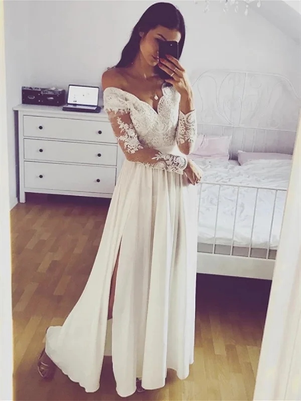 Inventory Reduction A Line Long Sleeves Lace White Prom Dresses with Split, Long Sleeves White Lace Formal Graduation Evening Dresses Inventory Reduction A Line Long Sleeves Lace White Prom Dresses with Split, Long Sleeves White Lace Formal Graduation Evening Dresses