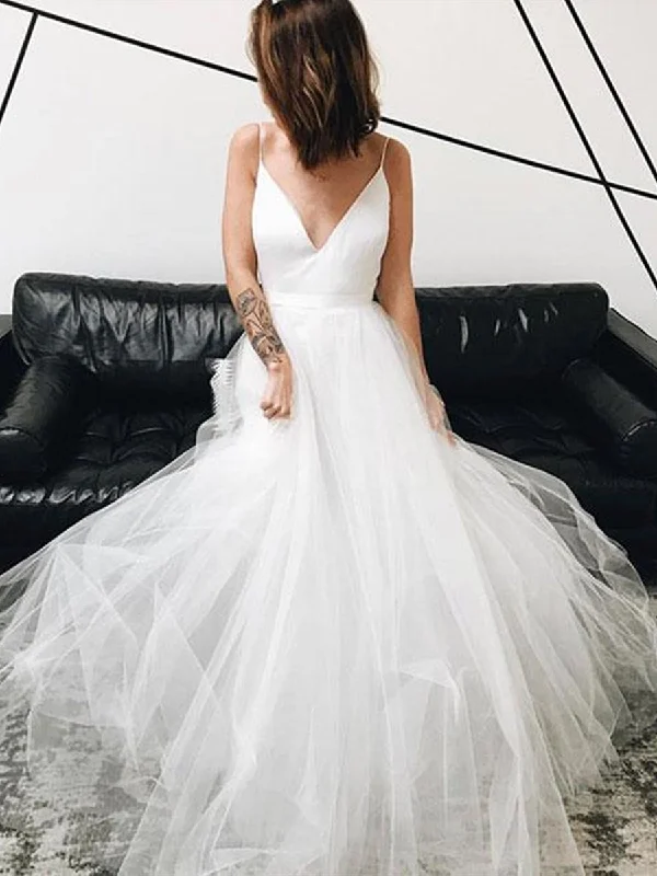 Best Bargains A Line V Neck White Tulle Long Prom Dresses, V Neck White Wedding Dresses, White Formal Dresses, Evening Dresses Best Bargains A Line V Neck White Tulle Long Prom Dresses, V Neck White Wedding Dresses, White Formal Dresses, Evening Dresses