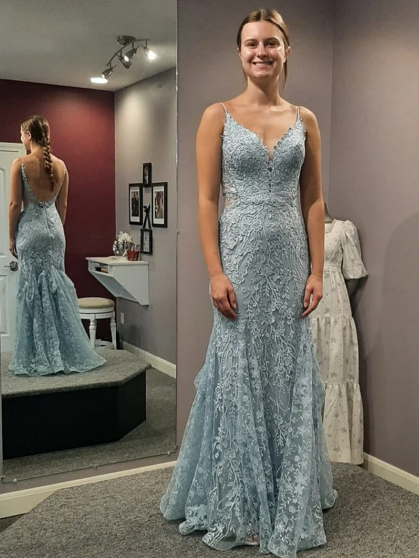 summer dresssummer dressV Neck Open Back Mermaid Blue Lace Long Prom Dresses, Mermaid Blue Formal Dresses, Blue Lace Evening Dresses SP3039