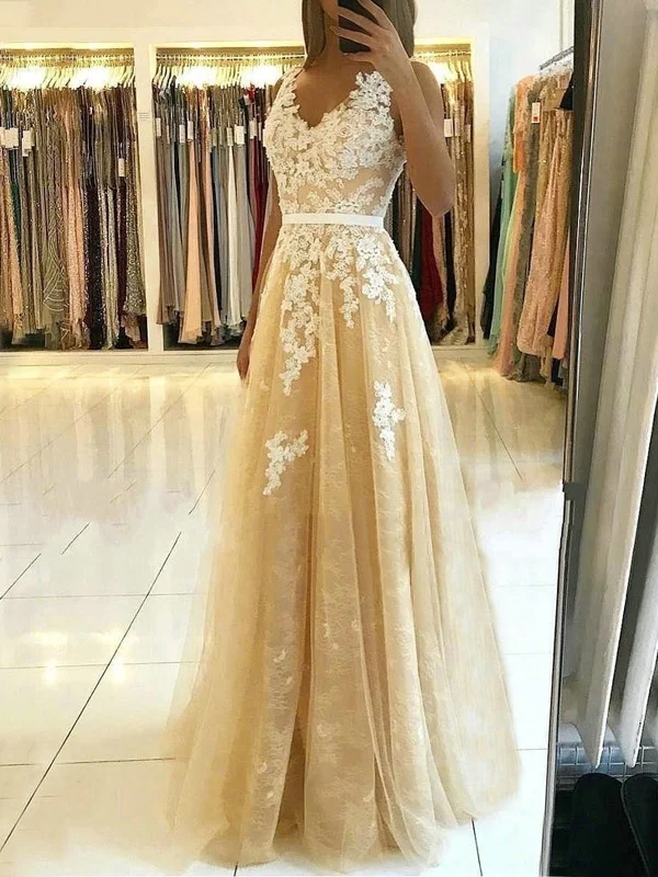 Final Markdown V Neck and V Back Champagne Lace Long Prom Dresses, Champagne Lace Formal Graduation Evening Dresses SP2209