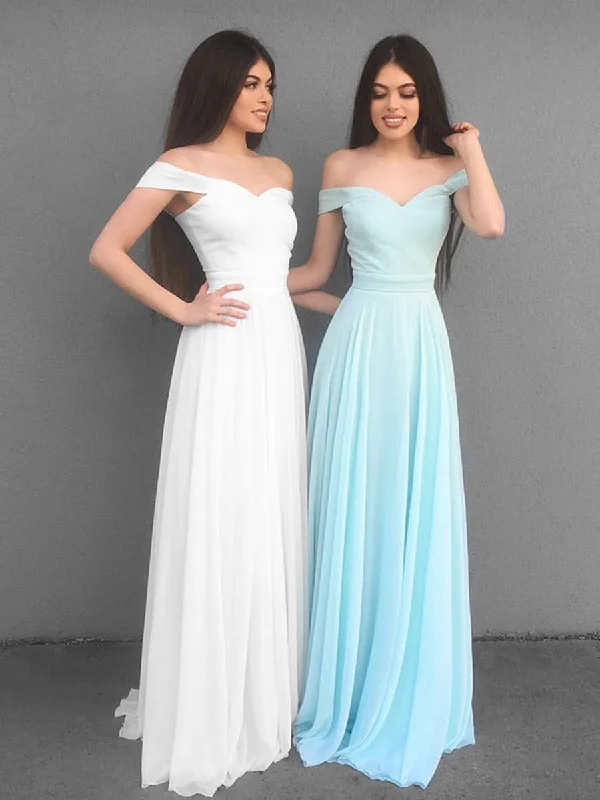 Special Discount A Line Off Shoulder White/Blue Chiffon Long Prom Dresses, Off Shoulder White/Blue Bridesmaid Dresses, Graduation Dresses