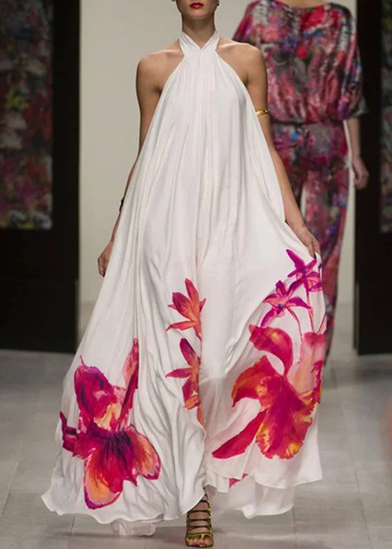 Price Meltdown Bohemian White Summer Sundress Sexy Halter Floral Print Long Dresses