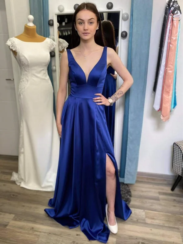 Special Savings Simple V Neck Blue Satin Long Prom Dresses with Leg Slit, V Neck Blue Formal Graduation Evening Dresses SP2158