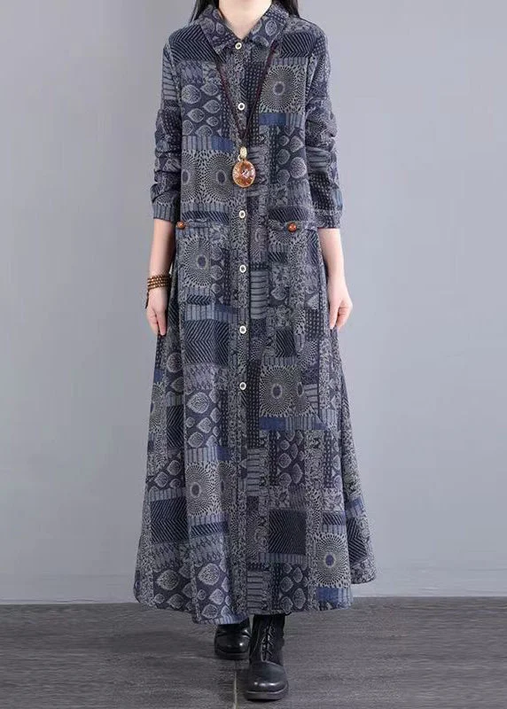 Seasonal Sale Boho Blue Peter Pan Collar Print Patchwork Warm Fleece Dress Fall