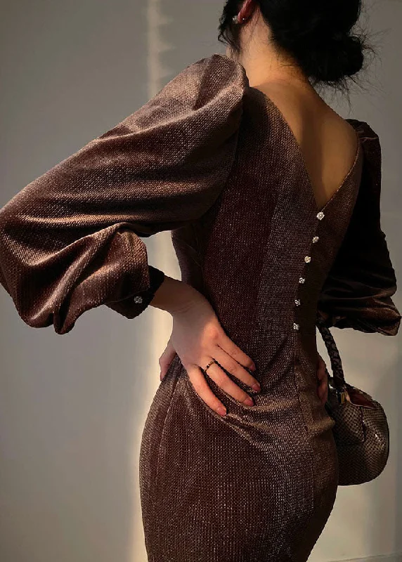 wrap-around dresswrap-around dressWomen Brown V Neck Button Wraped Silk Velour Dresses Vestidos Long Sleeve