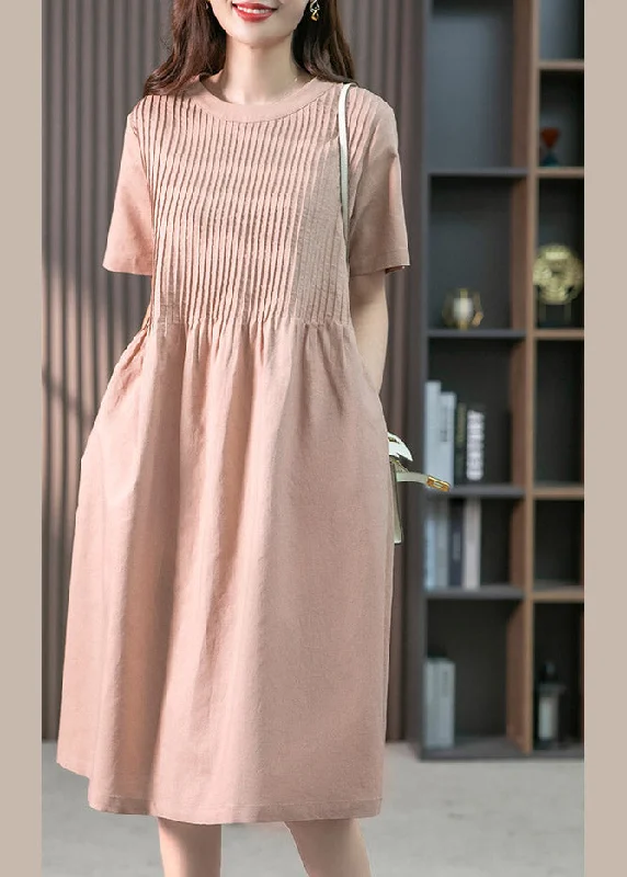 elegant evening dresselegant evening dressPink O-Neck Pockets Linen Long Dress Short Sleeve