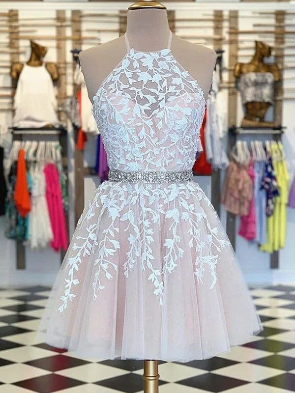 elegant shift dresselegant shift dressA Line Halter Neck Short Pink Lace Prom Dresses with Belt, Pink Lace Formal Graduation Homecoming Dresses