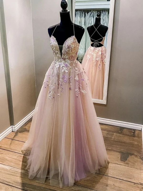 Don't Wait A Line V Neck Backless Pink Lace Floral Long Prom Dresses, V Neck Pink Formal Dresses, Pink Lace Evening Dresses Don't Wait A Line V Neck Backless Pink Lace Floral Long Prom Dresses, V Neck Pink Formal Dresses, Pink Lace Evening Dresses