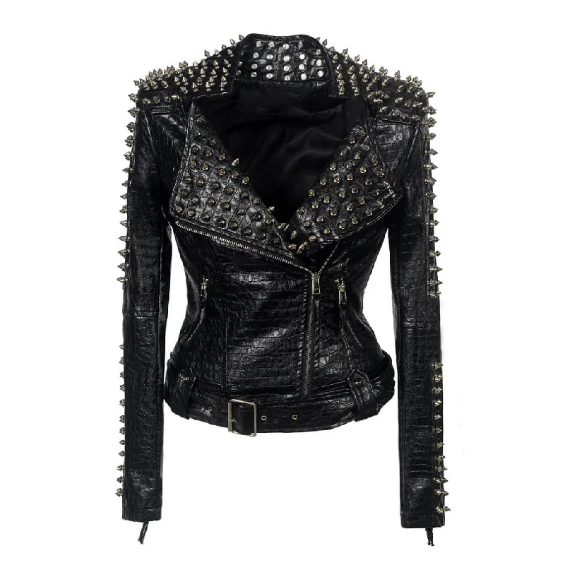 Reduced Prices Metallic Spike Zip Up Long Sleeve Crocodile Embossed Vegan Leather Biker Jacket Reduced Prices Metallic Spike Zip Up Long Sleeve Crocodile Embossed Vegan Leather Biker Jacket