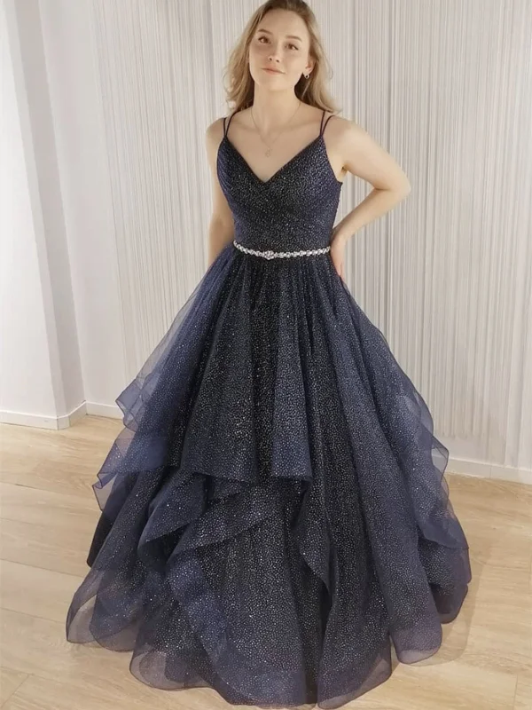 Best Bargains Shiny V Neck Backless Dark Blue Long Prom Dresses, V Neck Dark Blue Formal Evening Dresses, Dark Blue Ball Gown SP2101