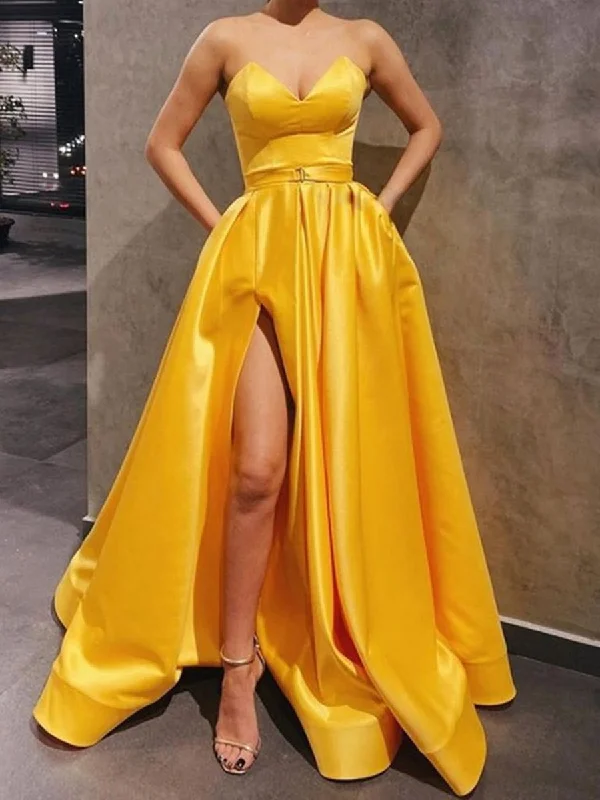 Savings Bonanza Sweetheart Neck Strapless Yellow Satin Long Prom Dresses, Yellow Satin Long Formal Graduation Evening Dresses Savings Bonanza Sweetheart Neck Strapless Yellow Satin Long Prom Dresses, Yellow Satin Long Formal Graduation Evening Dresses