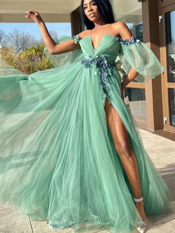 casual knit dresscasual knit dressOff Shoulder V Neck Green Tulle Floral Long Prom Dresses with High Slit, Long Green Formal Graduation Evening Dresses SP2640