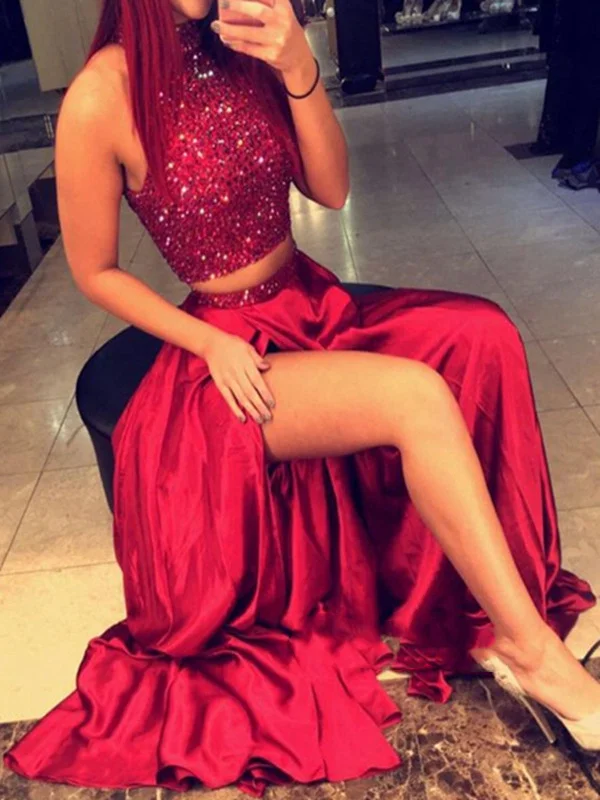 Must-Have Deals A Line High Neck 2 Pieces Red Long Prom Dress, Long Red Formal Dress