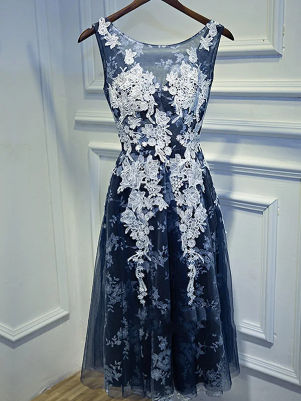 Lowest Prices Round Neck White Lace Blue Prom Dress, Blue Formal Dress, Lace Evening Dress, Homecoming Dress Lowest Prices Round Neck White Lace Blue Prom Dress, Blue Formal Dress, Lace Evening Dress, Homecoming Dress