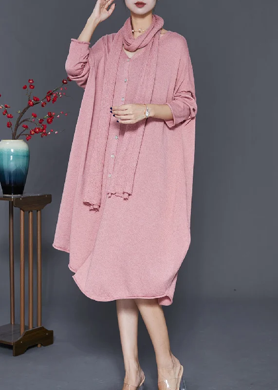 Special Discount Plus Size Pink V Neck Complimentary Scarf Knit Dress Fall