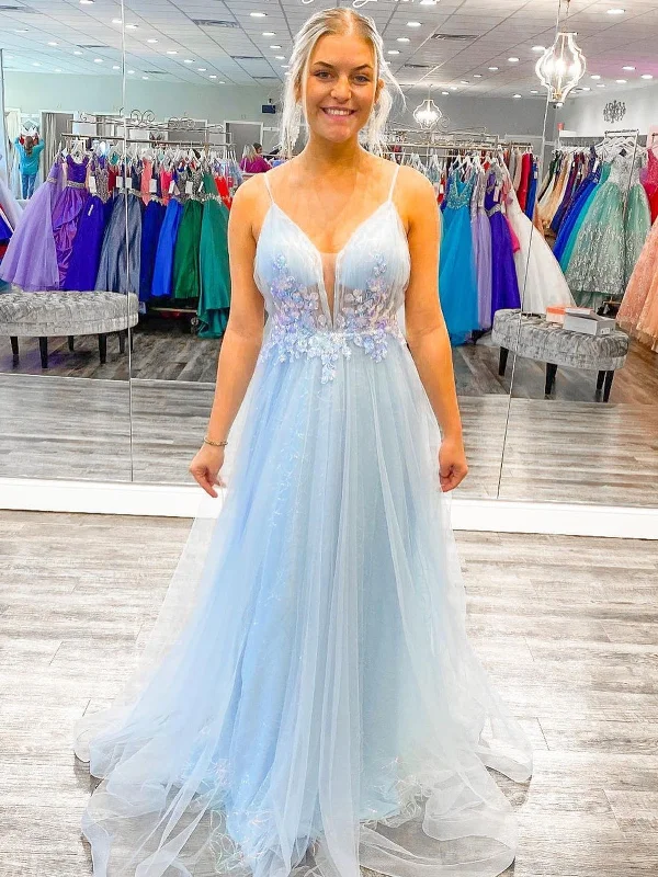 YEAR-End Clearance A Line V Neck Open Back Light Blue Long Prom Dresses with Lace Flowers, Light Blue Lace Floral Formal Graduation Evening Dresses SP2240