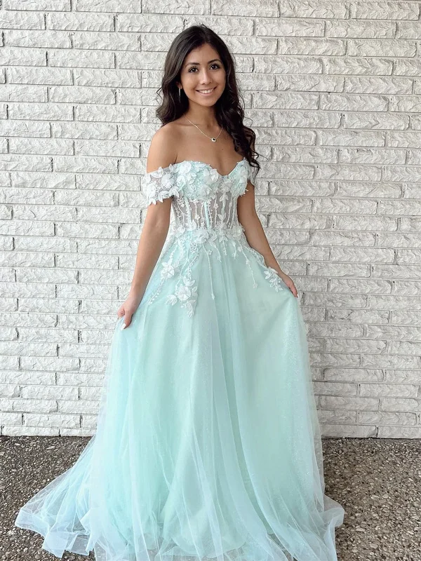 Limited Availability Off Shoulder Mint Green Tulle Lace Floral Long Prom Dresses, Mint Green Formal Graduation Evening Dresses with Appliques SP2208