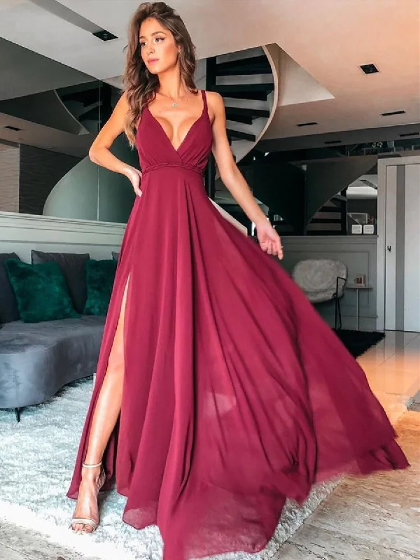 Deal Frenzy Simple A Line V Neck Burgundy Long Prom Dresses with Split, Burgundy Formal Graduation Evening Dresses Deal Frenzy Simple A Line V Neck Burgundy Long Prom Dresses with Split, Burgundy Formal Graduation Evening Dresses