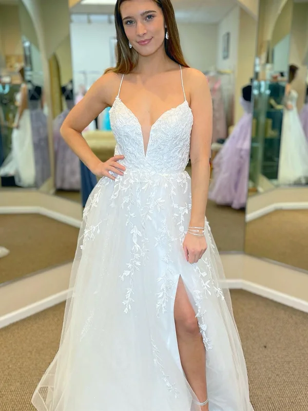 Low Prices A Line V Neck White Lace Tulle Long Prom Dresses with High Slit, White Lace Formal Dresses, White Evening Dresses SP2348 Low Prices A Line V Neck White Lace Tulle Long Prom Dresses with High Slit, White Lace Formal Dresses, White Evening Dresses SP2348