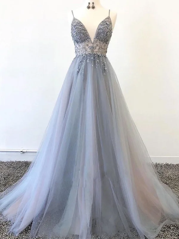 Deal Dash A Line V Neck Silver Grey Tulle Beaded Long Prom Dresses, Silver Grey Beaded Formal Graduation Evening Dresses