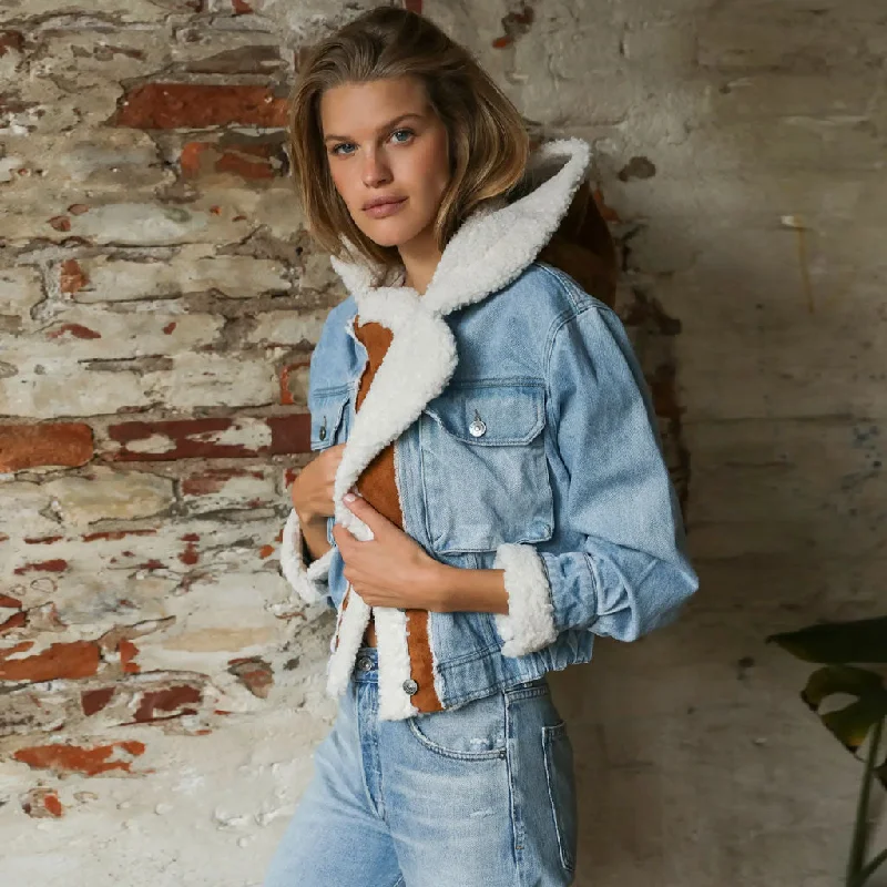 Price Fest Long Sleeve Sherpa Patchwork Flap Pocket Denim Hooded Coat - Blue