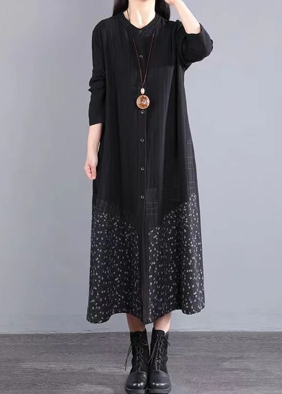 Price Slash Boho Black Stand Collar Button Patchwork Cotton Dress Fall