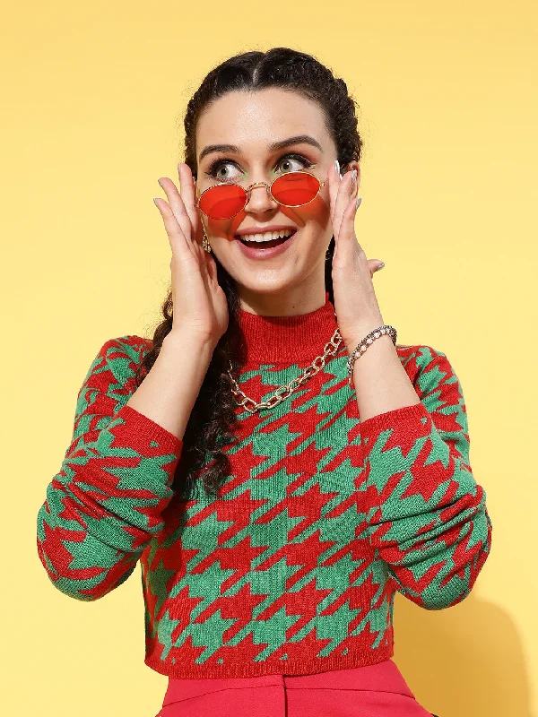 Low Prices Women Red And Green Houndstooth Crop Sweater