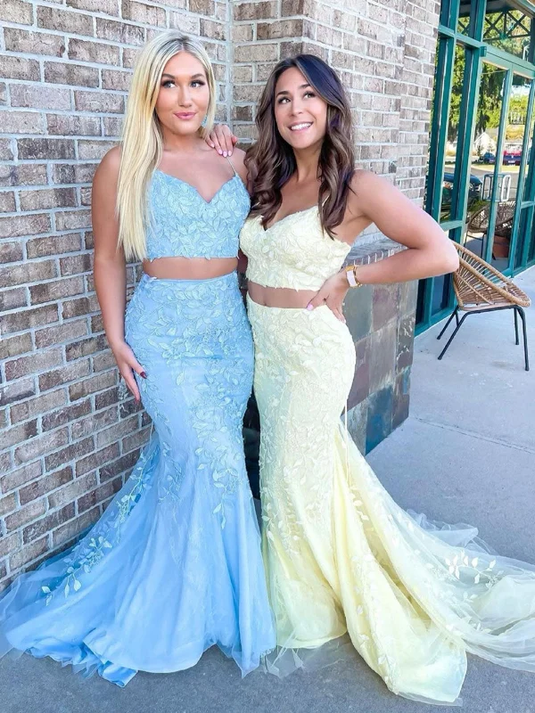 fitted dressfitted dressMermaid Two Pieces Light Blue/Yellow Lace Long Prom Dresses, Mermaid Light Blue/Yellow Lace Formal Dresses, Light Blue/ Yellow Evening Dresses SP2217