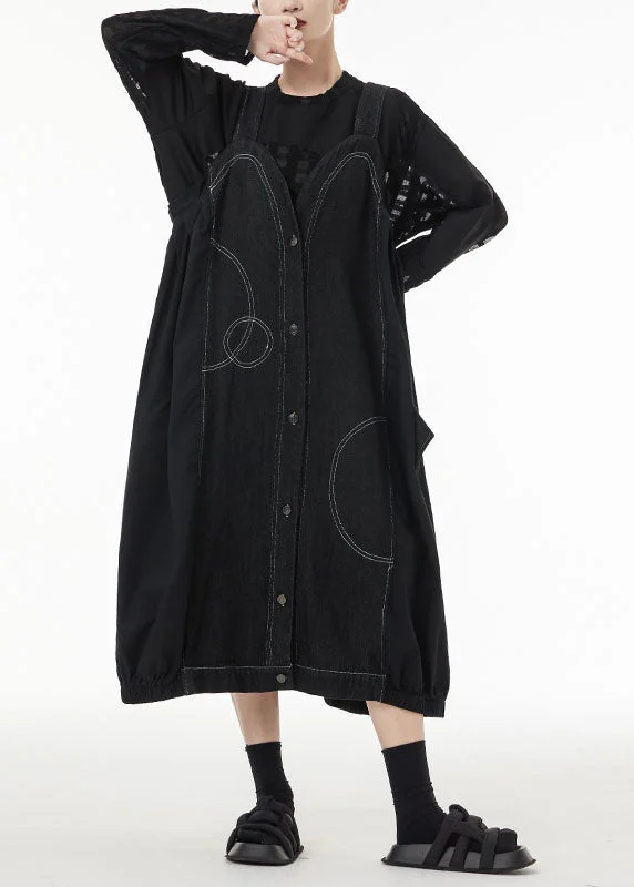 Steals and Deals Art Black Oversized Patchwork Cotton Strap Dress Summer