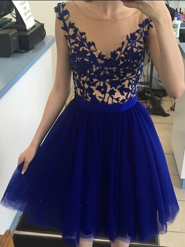 TIME-Limited Offer A Line Round Neck Cap Sleeves Short Royal Blue Lace Prom Dress, Short Royal Blue Homecoming Dress, Graduation Dress, Bridesmaid Dress