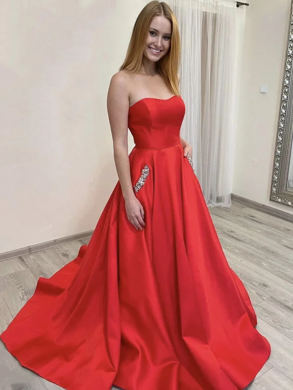 Final Sale Strapless Red Satin Long Prom Dresses with Pocket, Long Red Formal Graduation Evening Dresses SP2108