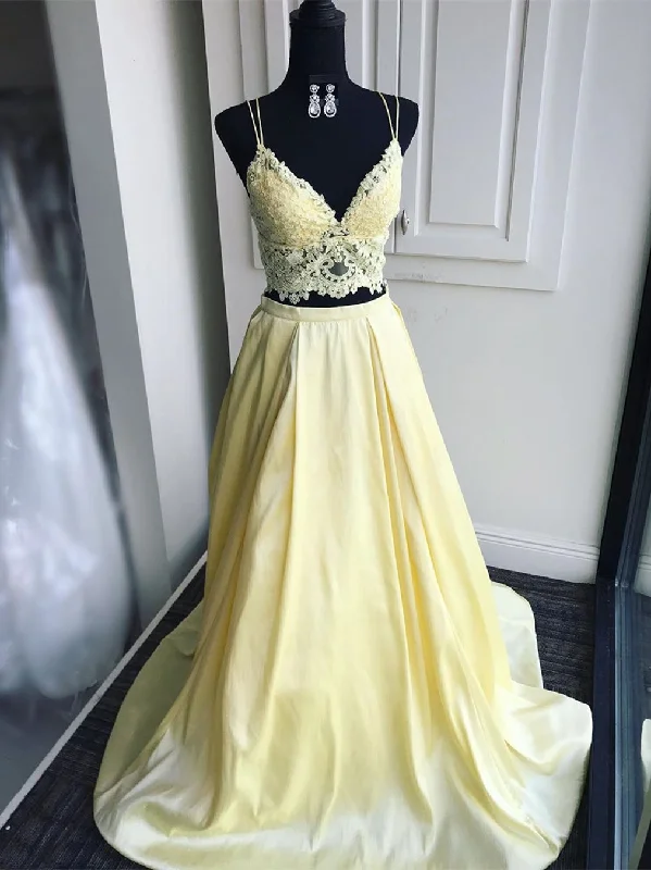 Bonus Savings V Neck Two Pieces Yellow Lace Top Long Prom Dresses, Two Pieces Yellow Lace Formal Graduation Evening Dresses Bonus Savings V Neck Two Pieces Yellow Lace Top Long Prom Dresses, Two Pieces Yellow Lace Formal Graduation Evening Dresses