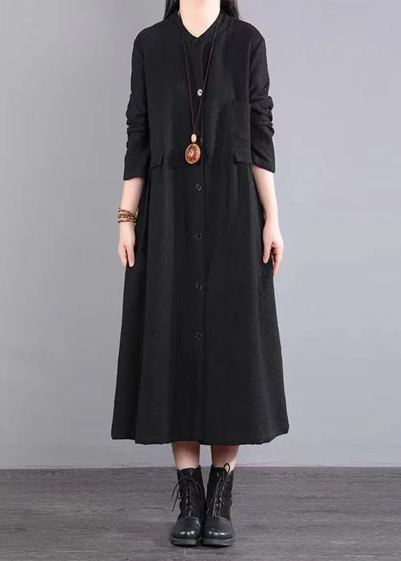 Low Prices Black Pockets Patchwork Cotton Long Dress Button Wrinkled Fall