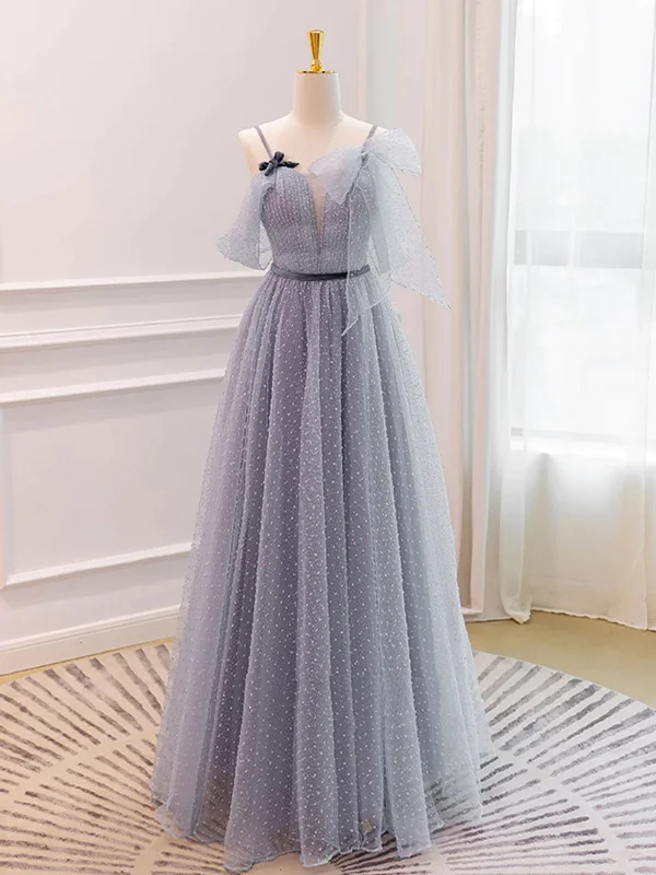 ashionable dressashionable dressV Neck Open Back Gray Tulle Long Prom Dresses, Long Gray Formal Graduation Evening Dresses SP2634