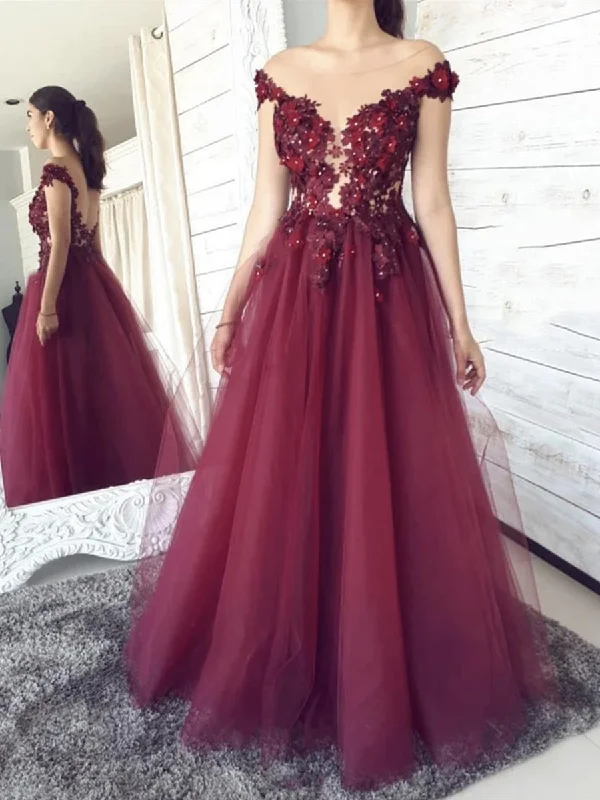 Hurry In Round Neck Backless Burgundy Floral Lace Long Prom Dresses, Floral Burgundy Lace Formal Graduation Evening Dresses
