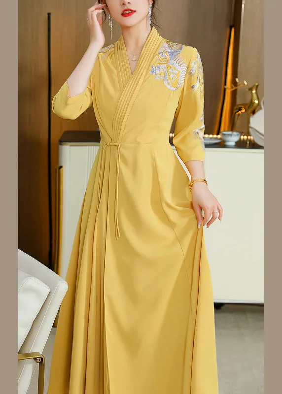 oversized dressoversized dressSexy Yellow V Neck Embroideried Drawstring Satin Long Dresses Fall