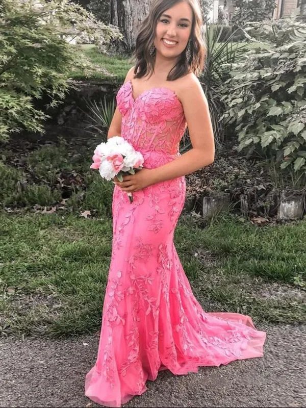 denim dressdenim dressStrapless Mermaid Hot Pink Lace Floral Long Prom Dresses, Mermaid Hot Pink Formal Dresses, Hot Pink Lace Evening Dresses SP2115