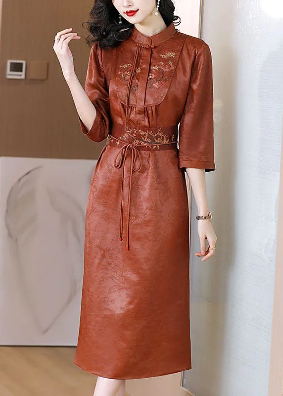 Fantastic Deals Vintage Orange Mandarin Collar Cinched Silk Dresses Half Sleeve