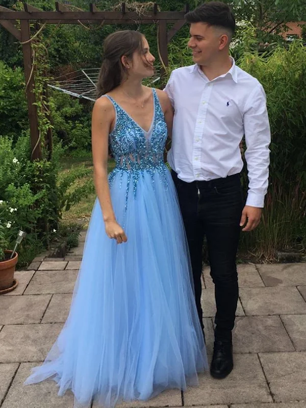 Price Buster A Line V Neck Sequins Light Blue Prom Dresses, V Neck Blue Formal Dresses, Blue Evening Dresses