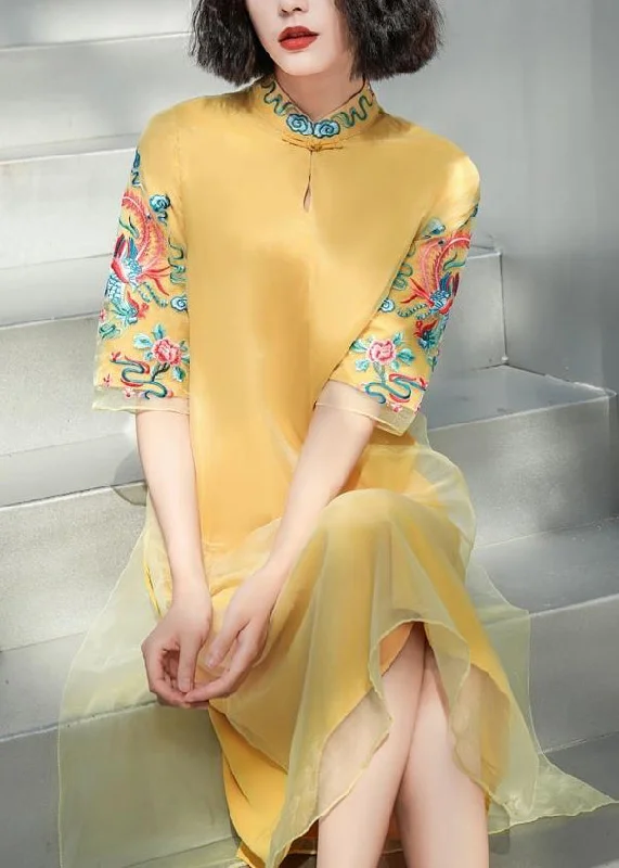 cocktail dresscocktail dressDIY Yellow Stand Collar Embroideried Button Tulle Silk Dress Long Sleeve