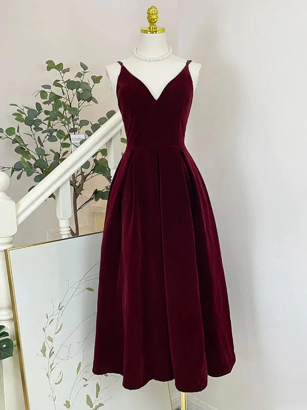 printed dressprinted dressV Neck Tea Length Burgundy/Black Prom Dresses, Burgundy/Black Velvet Homecoming Dresses, Burgundy/Black Formal Graduation Evening Dresses SP2726