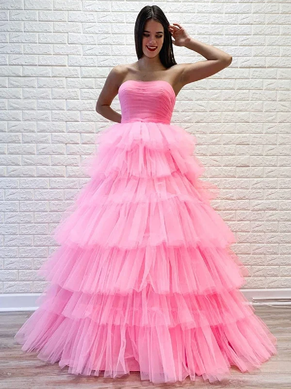 Price Smash Gorgeous Strapless Layered Pink Long Prom Dresses, Pink Formal Evening Dresses, Layered Pink Ball Gown Price Smash Gorgeous Strapless Layered Pink Long Prom Dresses, Pink Formal Evening Dresses, Layered Pink Ball Gown