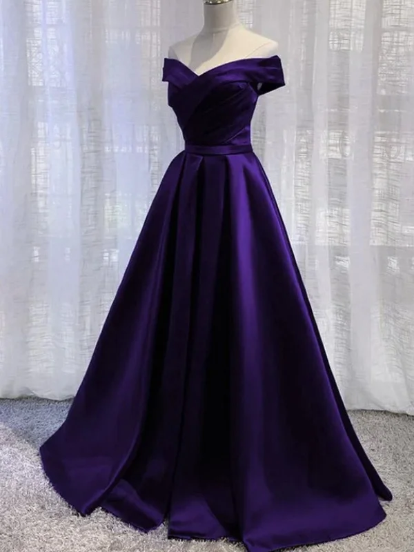 Season Finale Sale Off Shoulder Purple Satin Long Prom Dresses, Long Purple Formal Graduation Evening Dresses SP2540